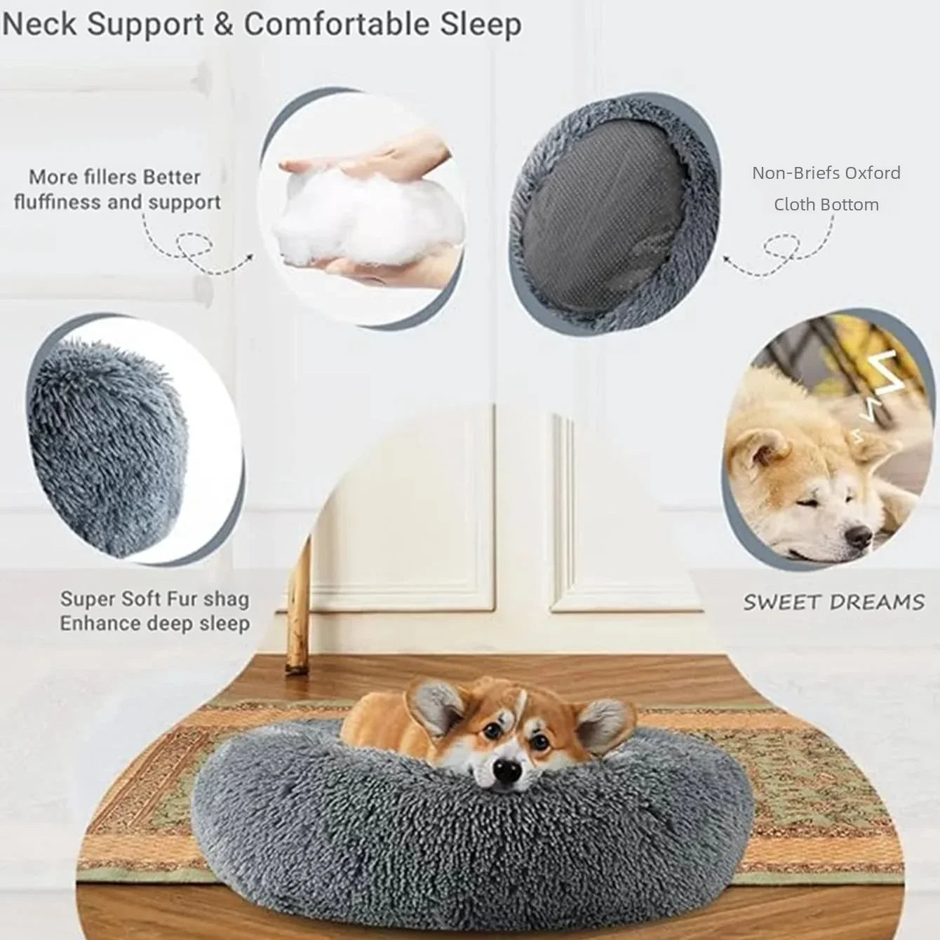 Plush Round Pet Bed - Self-Warming Donut Cuddler for Dogs & Cats