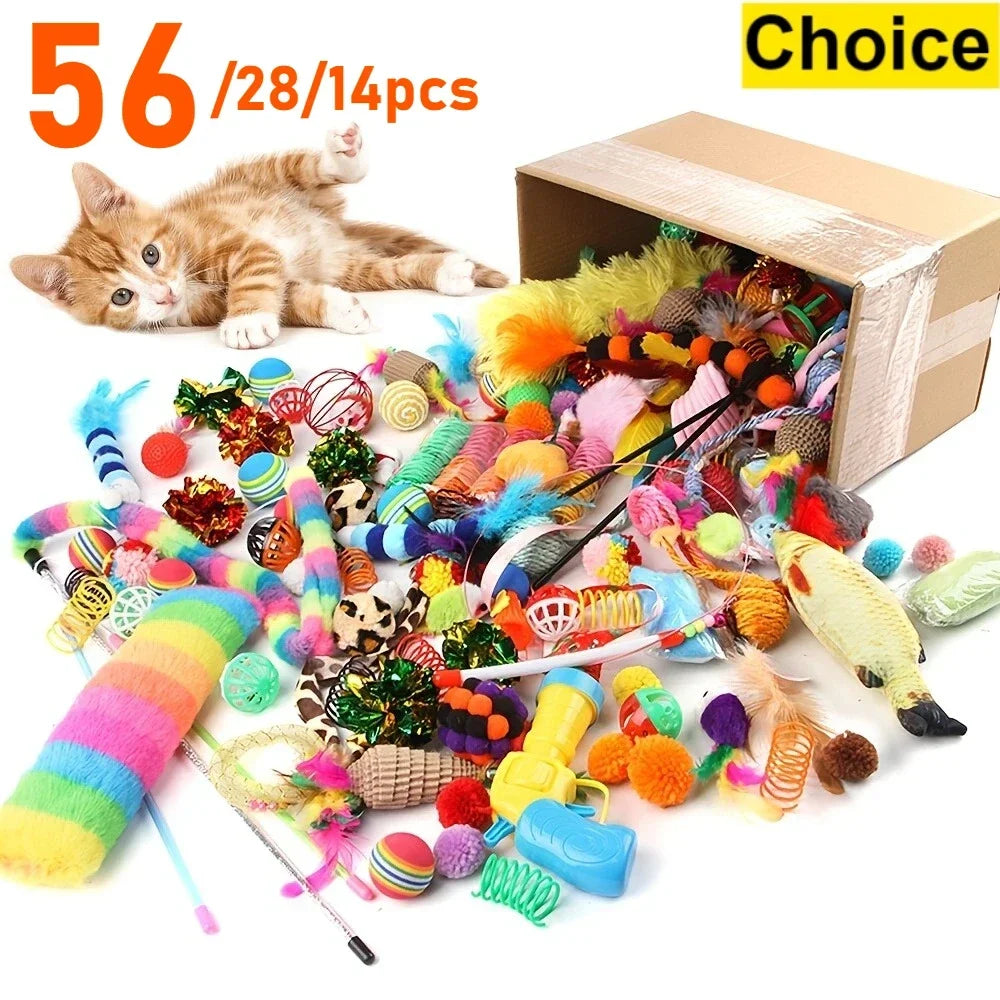 56Pcs/28Pcs/14Pcs Ultimate Multi-Cat Plush & Plastic Toy Set