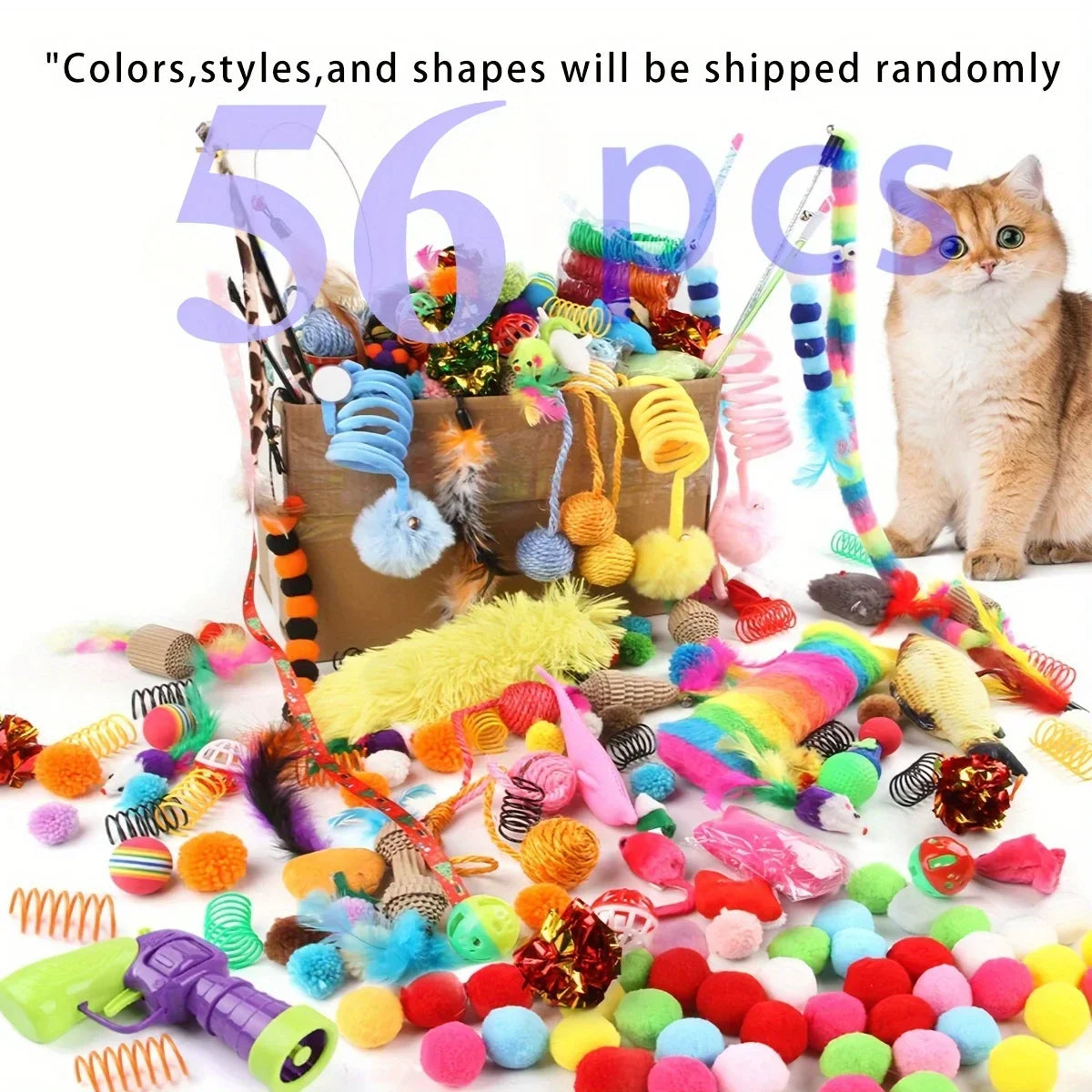 56Pcs/28Pcs/14Pcs Ultimate Multi-Cat Plush & Plastic Toy Set