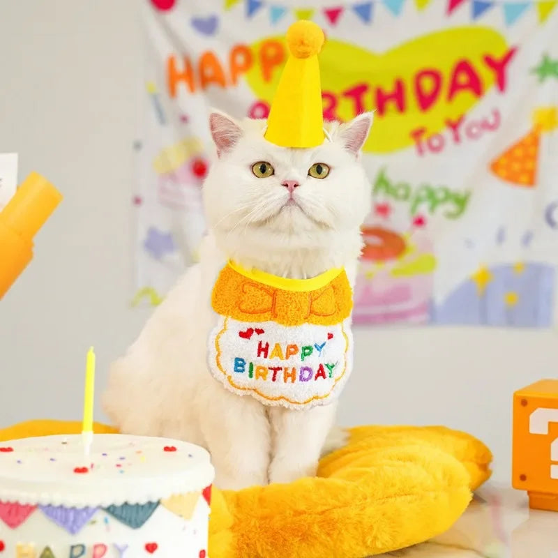 Pet Birthday Celebration Kit – Adjustable Party Hat & Soft Bandana Set for Dogs and Cats