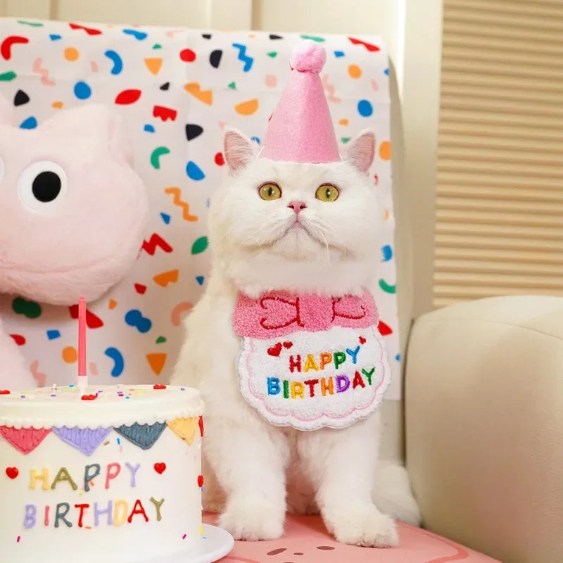 Pet Birthday Celebration Kit – Adjustable Party Hat & Soft Bandana Set for Dogs and Cats