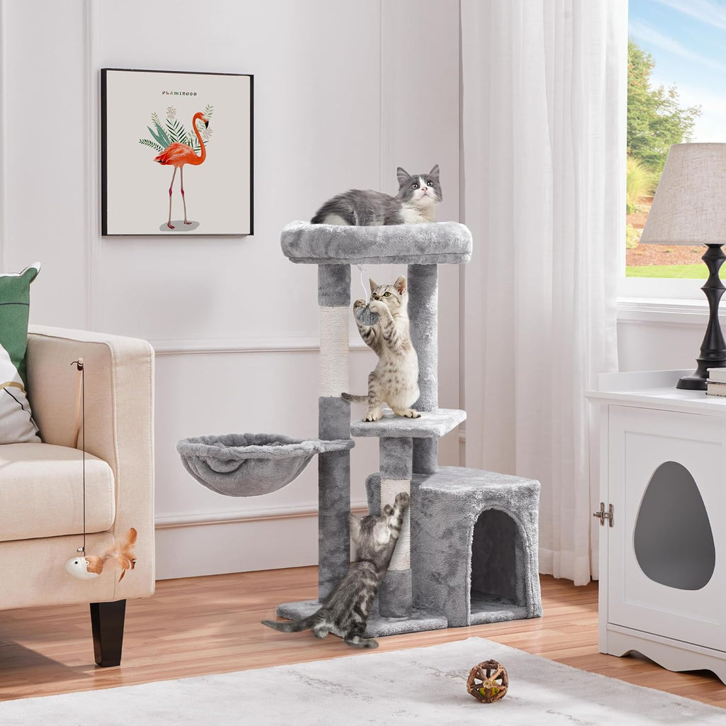 The Modern Minimalist: 34" Modern Cat Tower – Plush Condo, Perch & Nap Basket
